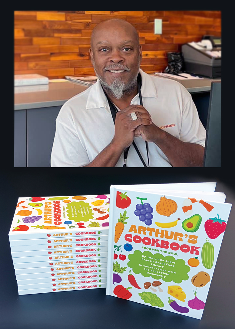 Picture of Arthur, stack of cookbooks